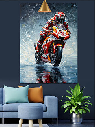 Yağmurda Motogp Temalı Dekoratif Kanvas - Mdf Ahşap Tablo