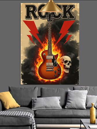 Elektrik Gitarlı Rock Müzik Simgeleri Dekoratif Kanvas - Mdf Ahşap Tablo