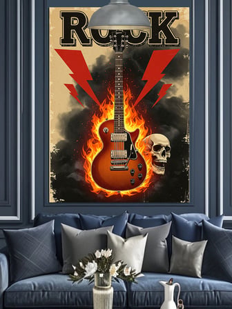 Elektrik Gitarlı Rock Müzik Simgeleri Dekoratif Kanvas - Mdf Ahşap Tablo