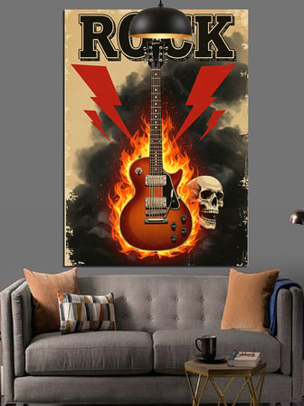 Elektrik Gitarlı Rock Müzik Simgeleri Dekoratif Kanvas - Mdf Ahşap Tablo