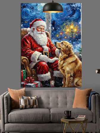 Yılbaşı Kıyafetli Sakallı Noel Baba Ve Köpek Dekoratif Kanvas - Mdf Ahşap Tablo