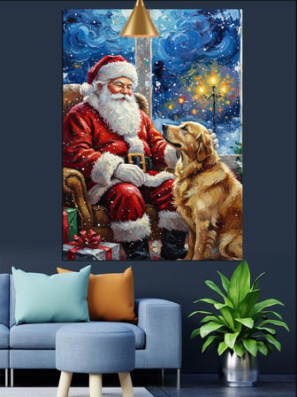 Yılbaşı Kıyafetli Sakallı Noel Baba Ve Köpek Dekoratif Kanvas - Mdf Ahşap Tablo