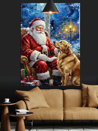 Yılbaşı Kıyafetli Sakallı Noel Baba Ve Köpek Dekoratif Kanvas - Mdf Ahşap Tablo