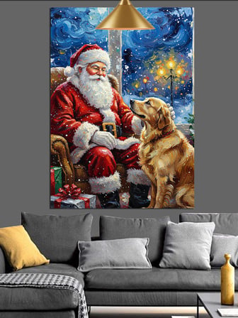 Yılbaşı Kıyafetli Sakallı Noel Baba Ve Köpek Dekoratif Kanvas - Mdf Ahşap Tablo