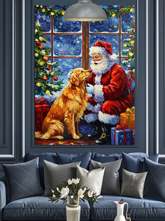 Noel Baba Köpeğiyle Birlikte Oturuyor Dekoratif Kanvas - Mdf Ahşap Tablo