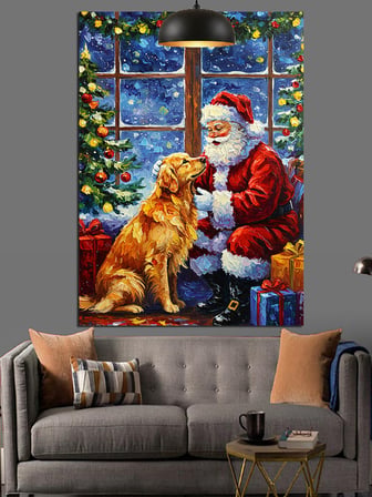 Noel Baba Köpeğiyle Birlikte Oturuyor Dekoratif Kanvas - Mdf Ahşap Tablo