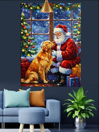 Noel Baba Köpeğiyle Birlikte Oturuyor Dekoratif Kanvas - Mdf Ahşap Tablo