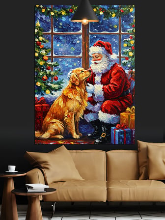 Noel Baba Köpeğiyle Birlikte Oturuyor Dekoratif Kanvas - Mdf Ahşap Tablo