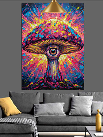 Mantar Şeklinde Parlak Renkli Psychedelic Göz Dekoratif Kanvas - Mdf Ahşap Tablo
