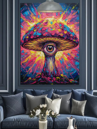 Mantar Şeklinde Parlak Renkli Psychedelic Göz Dekoratif Kanvas - Mdf Ahşap Tablo