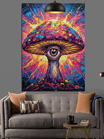 Mantar Şeklinde Parlak Renkli Psychedelic Göz Dekoratif Kanvas - Mdf Ahşap Tablo