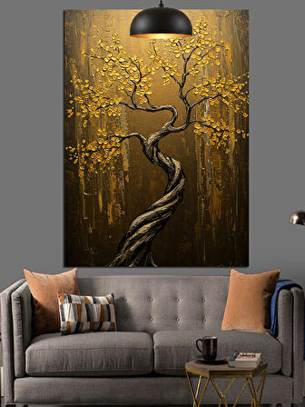 Altın Tonlarda Işıltılı Soyut Ağaç Dekoratif Kanvas - Mdf Ahşap Tablo