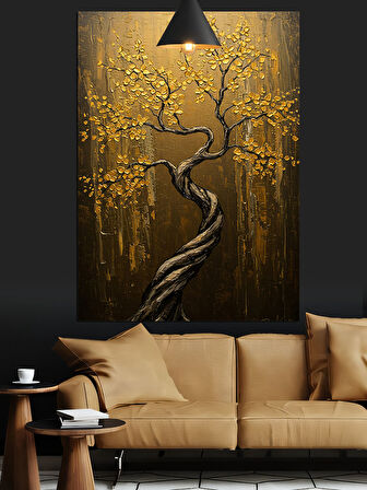 Altın Tonlarda Işıltılı Soyut Ağaç Dekoratif Kanvas - Mdf Ahşap Tablo