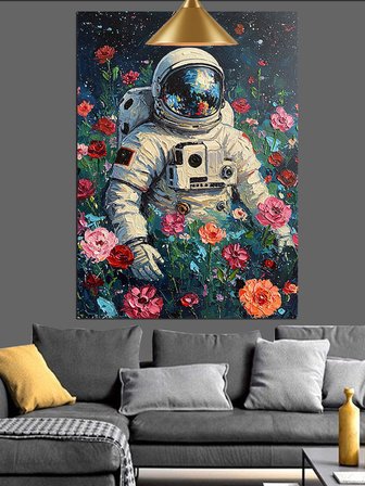 Uzay Giysisi İçinde Astronot Çiçeklerle Dekoratif Kanvas - Mdf Ahşap Tablo