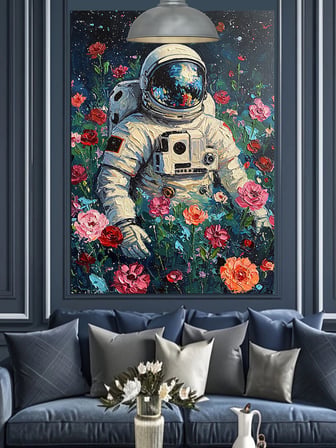 Uzay Giysisi İçinde Astronot Çiçeklerle Dekoratif Kanvas - Mdf Ahşap Tablo