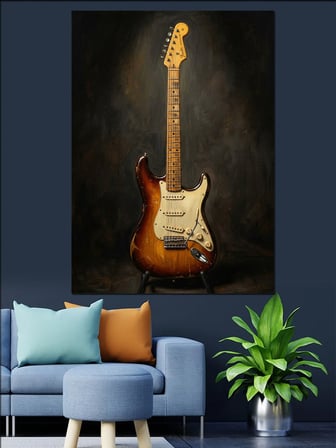 Siyah Arka Planda Elektro Gitar Dekoratif Kanvas - Mdf Ahşap Tablo