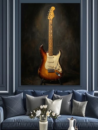 Siyah Arka Planda Elektro Gitar Dekoratif Kanvas - Mdf Ahşap Tablo
