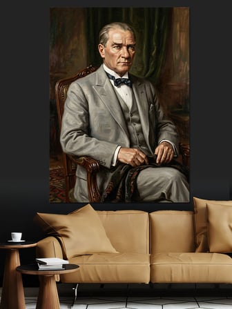 Koltukta Oturan Atatürk Portresi Dekoratif Kanvas - Mdf Ahşap Tablo