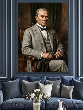 Koltukta Oturan Atatürk Portresi Dekoratif Kanvas - Mdf Ahşap Tablo