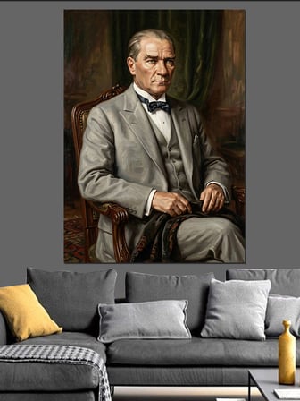Koltukta Oturan Atatürk Portresi Dekoratif Kanvas - Mdf Ahşap Tablo