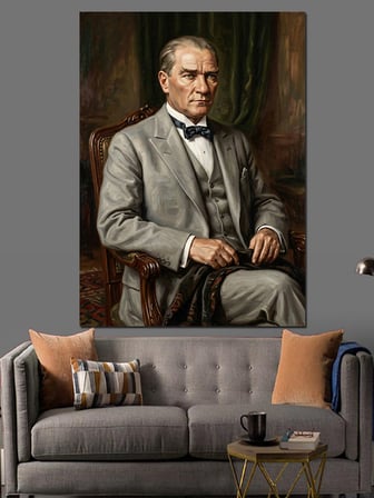 Koltukta Oturan Atatürk Portresi Dekoratif Kanvas - Mdf Ahşap Tablo