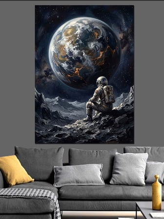 Ay Yüzeyinde Oturan Yalnız Astronot Dekoratif Kanvas - Mdf Ahşap Tablo