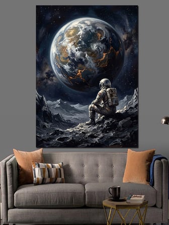 Ay Yüzeyinde Oturan Yalnız Astronot Dekoratif Kanvas - Mdf Ahşap Tablo
