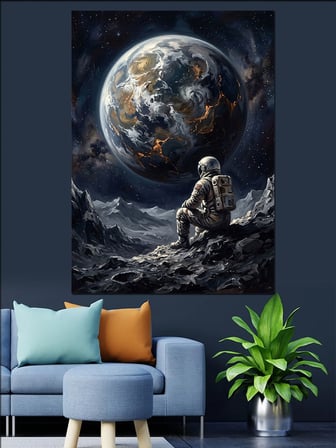 Ay Yüzeyinde Oturan Yalnız Astronot Dekoratif Kanvas - Mdf Ahşap Tablo