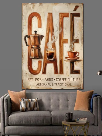 Kafe Yazısı Ve Moka Pot Dekoratif Kanvas - Mdf Ahşap Tablo