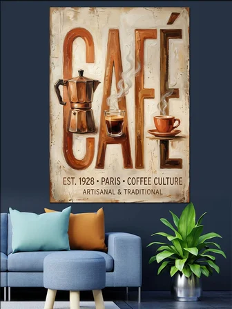 Kafe Yazısı Ve Moka Pot Dekoratif Kanvas - Mdf Ahşap Tablo