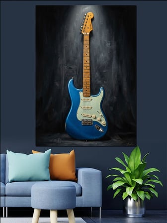 Sahne Işığında Mavi Elektro Gitar Dekoratif Kanvas - Mdf Ahşap Tablo