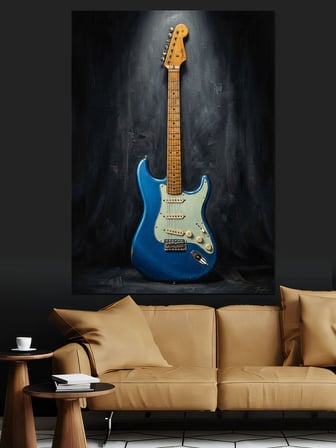 Sahne Işığında Mavi Elektro Gitar Dekoratif Kanvas - Mdf Ahşap Tablo