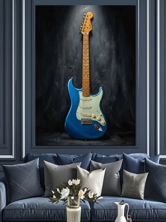 Sahne Işığında Mavi Elektro Gitar Dekoratif Kanvas - Mdf Ahşap Tablo