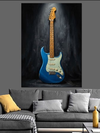 Sahne Işığında Mavi Elektro Gitar Dekoratif Kanvas - Mdf Ahşap Tablo