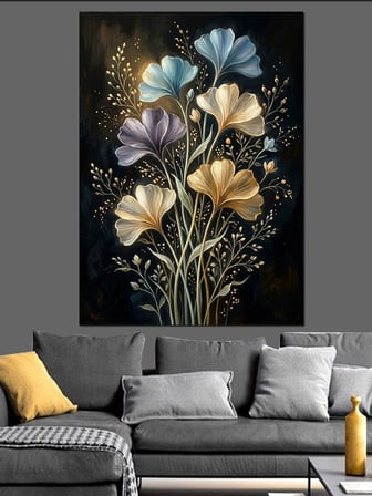 Altın Çiçekli Modern Buket Dekoratif Kanvas - Mdf Ahşap Tablo
