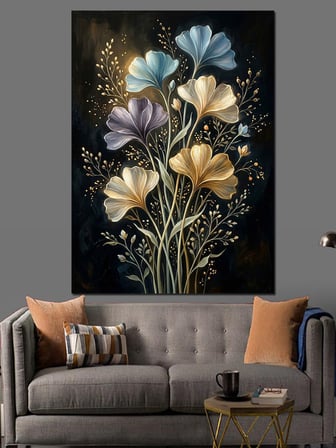 Altın Çiçekli Modern Buket Dekoratif Kanvas - Mdf Ahşap Tablo