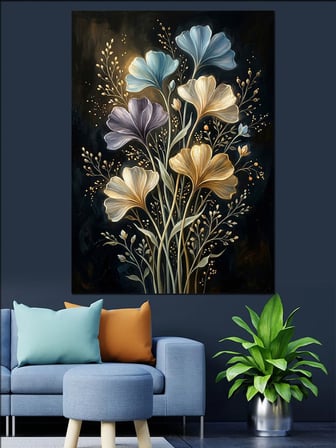 Altın Çiçekli Modern Buket Dekoratif Kanvas - Mdf Ahşap Tablo