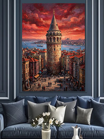 Kızıl Gökyüzünde Heybetli Galata Kulesi Dekoratif Kanvas - Mdf Ahşap Tablo
