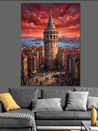 Kızıl Gökyüzünde Heybetli Galata Kulesi Dekoratif Kanvas - Mdf Ahşap Tablo