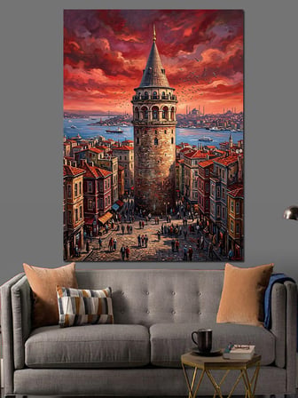 Kızıl Gökyüzünde Heybetli Galata Kulesi Dekoratif Kanvas - Mdf Ahşap Tablo
