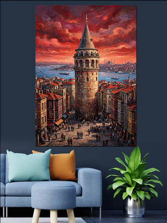Kızıl Gökyüzünde Heybetli Galata Kulesi Dekoratif Kanvas - Mdf Ahşap Tablo