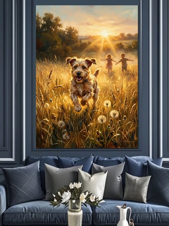 Çiçek Bahçesinde Koşan Küçük Köpek Dekoratif Kanvas - Mdf Ahşap Tablo