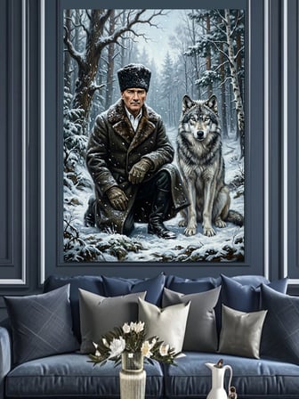 Kar İçinde Atatürk Ve Kurt Dekoratif Kanvas - Mdf Ahşap Tablo