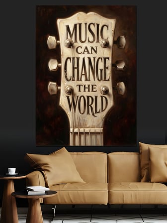 Müzik Dünyayı Değiştirebilir Yazılı Gitar Dekoratif Kanvas - Mdf Ahşap Tablo