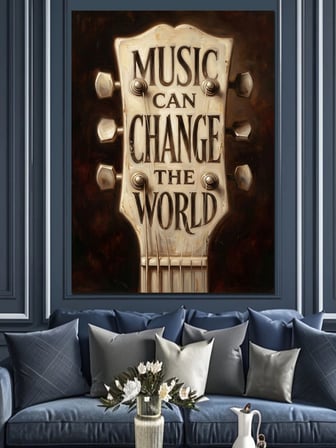 Müzik Dünyayı Değiştirebilir Yazılı Gitar Dekoratif Kanvas - Mdf Ahşap Tablo