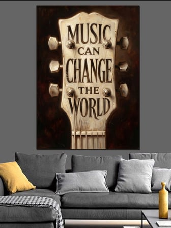 Müzik Dünyayı Değiştirebilir Yazılı Gitar Dekoratif Kanvas - Mdf Ahşap Tablo