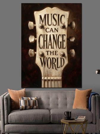 Müzik Dünyayı Değiştirebilir Yazılı Gitar Dekoratif Kanvas - Mdf Ahşap Tablo