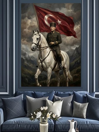 At Üstünde Türk Subayı Atatürk Dekoratif Kanvas - Mdf Ahşap Tablo