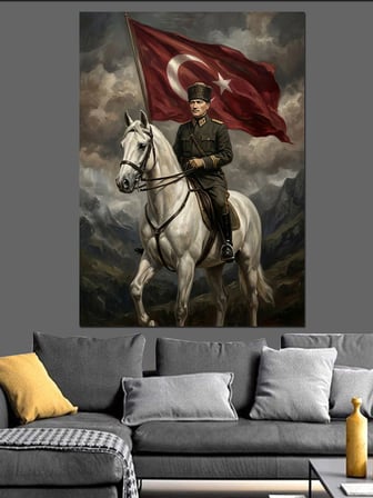 At Üstünde Türk Subayı Atatürk Dekoratif Kanvas - Mdf Ahşap Tablo