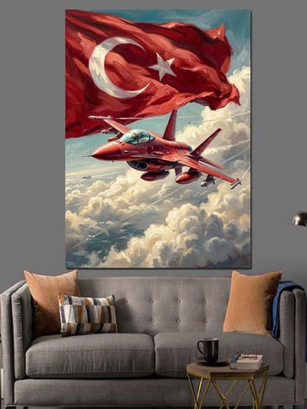 Türk Bayrağı Altında Jet Uçağı Dekoratif Kanvas - Mdf Ahşap Tablo